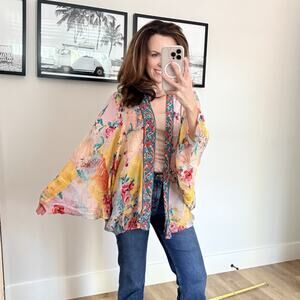 Anthropologie Feathers by Tolani Kimono Top Blouse Marlow Lemon Floral Boho M L